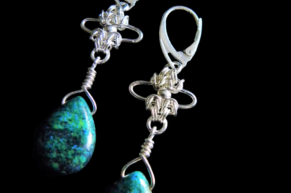 Sterling silver Chrysocolla Half Byzantine chainmaille/silversmithing earrings