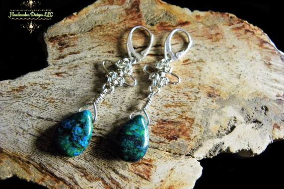 Sterling silver Chrysocolla Half Byzantine chainmaille/silversmithing earrings