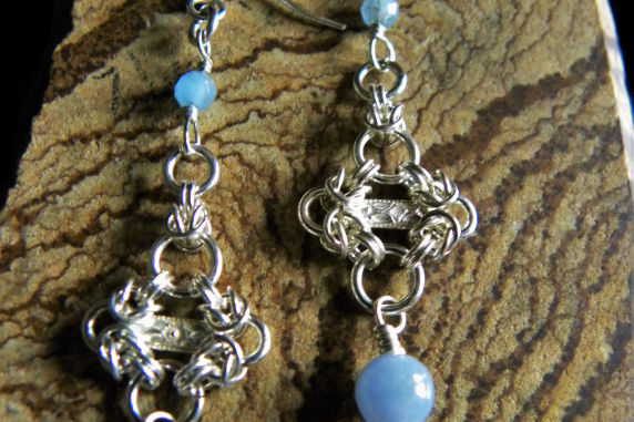 Sterling silver Aquamarine Blue Angelite chainmaille/silversmithing earrings