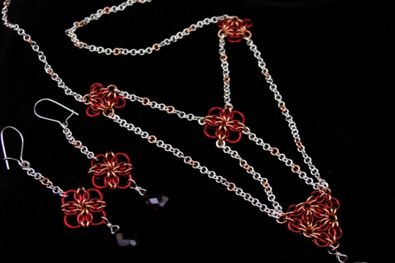 Sterling silver, copper, enameled copper, and Garnet Celtic Revival style set