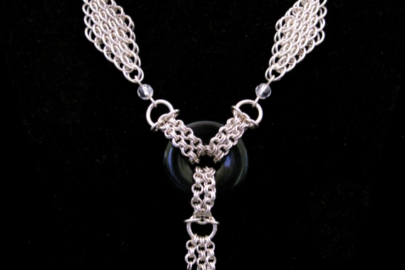 Sterling silver, Quartz, & Black Onyx Art Deco inspired chainmaille necklace