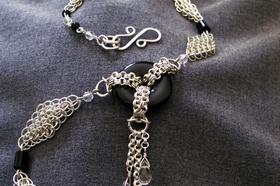Sterling silver, Quartz, & Black Onyx Art Deco inspired chainmaille necklace