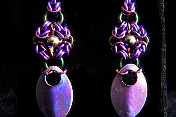 Copper and enameled copper Romanov and pearl scalemaille earrings