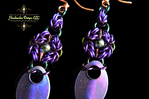 Copper and enameled copper Romanov and pearl scalemaille earrings