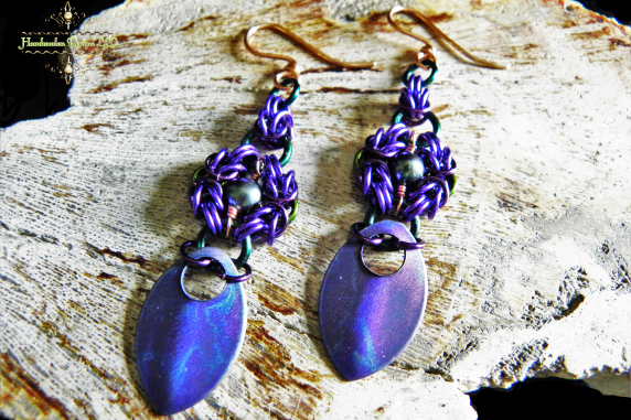 Copper and enameled copper Romanov and pearl scalemaille earrings