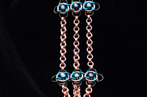 Copper, enameled copper, and freshwater pearl Art Nouveau inspired chainmail set