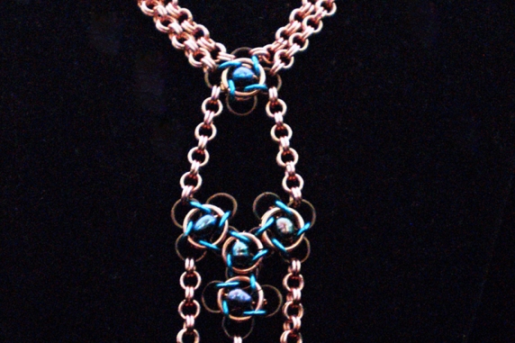 Copper, enameled copper, and freshwater pearl Art Nouveau inspired chainmail set