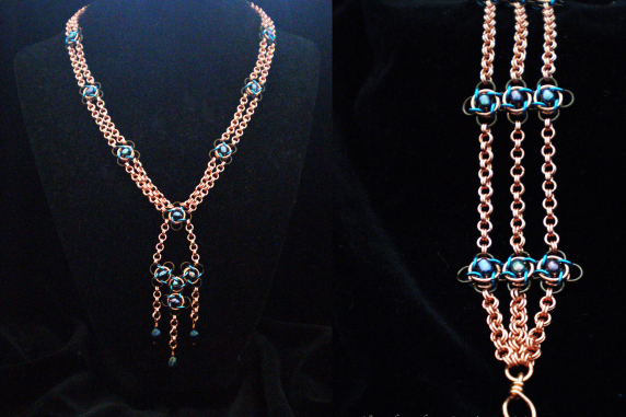 Copper, enameled copper, and freshwater pearl Art Nouveau inspired chainmail set