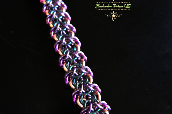 Copper and enameled copper Impish chainmaille bracelet by Handmaden Designs LLC