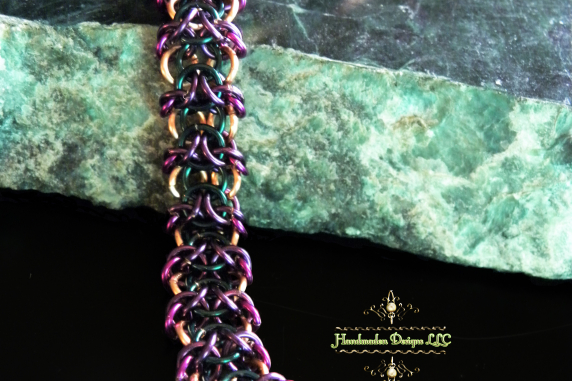 Copper and enameled copper Impish chainmaille bracelet by Handmaden Designs LLC