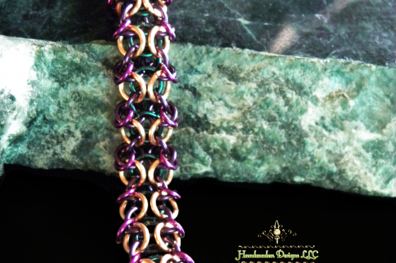Copper and enameled copper Impish chainmaille bracelet by Handmaden Designs LLC