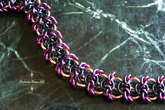 Copper and enameled copper Impish chainmaille bracelet by Handmaden Designs LLC
