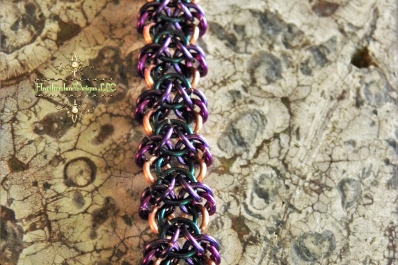 Copper and enameled copper Impish chainmaille bracelet by Handmaden Designs LLC