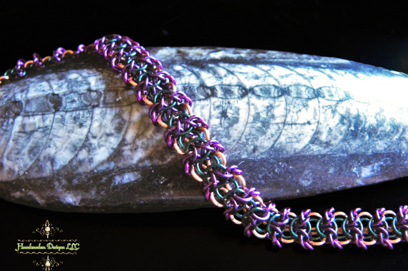 Copper and enameled copper Impish chainmaille bracelet by Handmaden Designs LLC