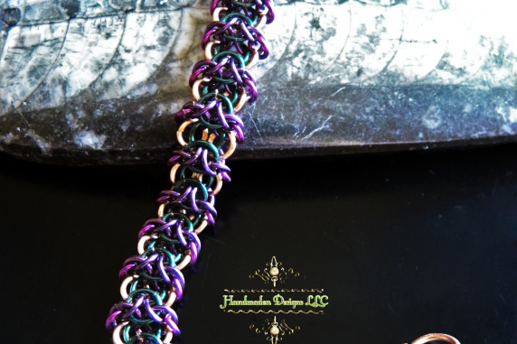Copper and enameled copper Impish chainmaille bracelet by Handmaden Designs LLC