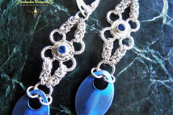 Sterling silver and Kyanite Byzantine chainmaille/silversmithing earrings