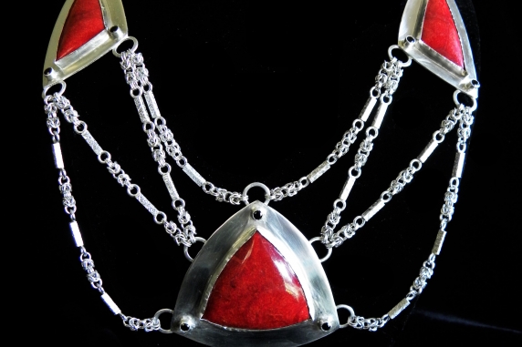 Sterling silver Art Deco Statement Necklace with Red Coral and Black Spinel