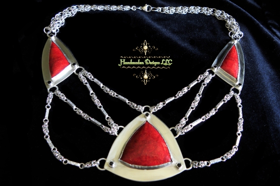 Sterling silver Art Deco Statement Necklace with Red Coral and Black Spinel