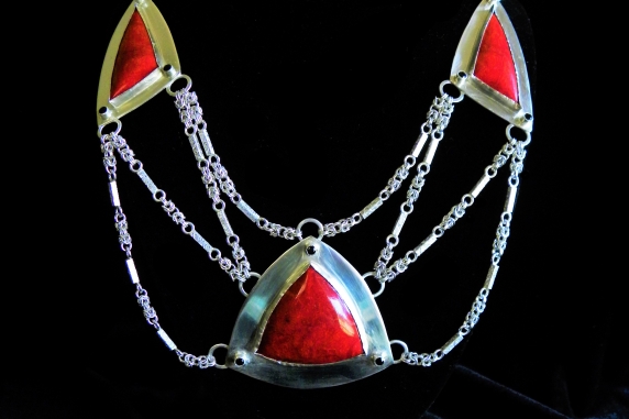 Sterling silver Art Deco Statement Necklace with Red Coral and Black Spinel