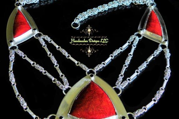 Sterling silver Art Deco Statement Necklace with Red Coral and Black Spinel