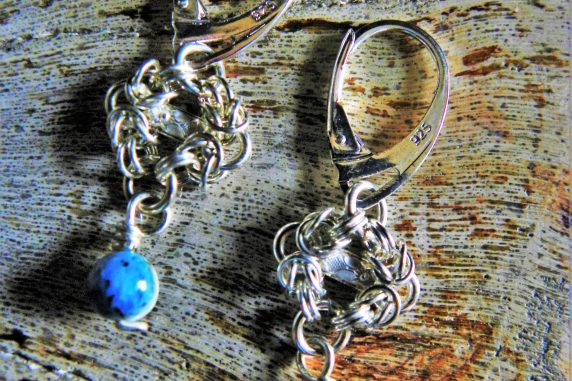 Sterling silver and K2 Granite Romanov chainmaille earrings by Handmaden Designs