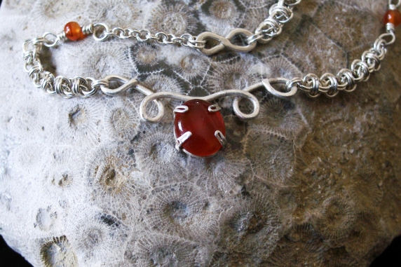 Sterling silver and Carnelian micromaille and silversmithing necklace