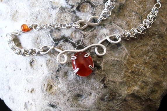 Sterling silver and Carnelian micromaille and silversmithing necklace