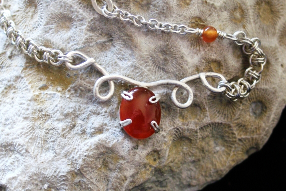 Sterling silver and Carnelian micromaille and silversmithing necklace