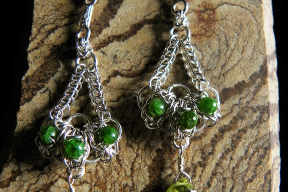 Sterling silver, Chrome Diopside, and Vesuvianite Seelie Chain Earrings