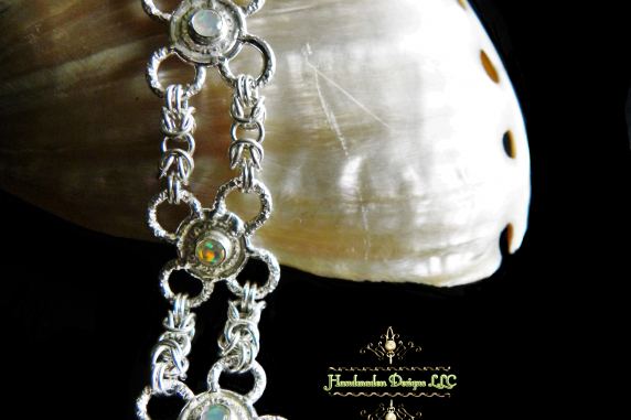 Sterling silver Byzantine bracelet with Ethiopian Opal and Russian Amazonite