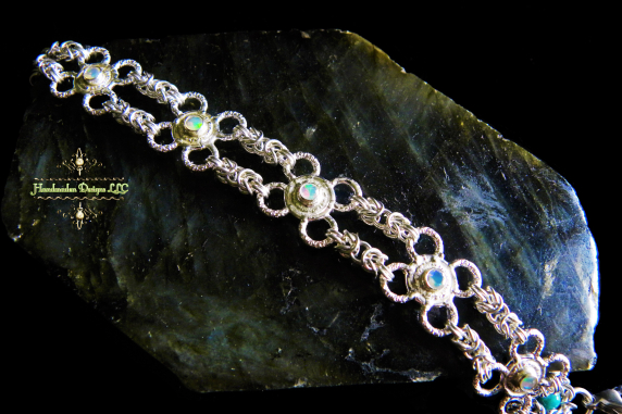 Sterling silver Byzantine bracelet with Ethiopian Opal and Russian Amazonite