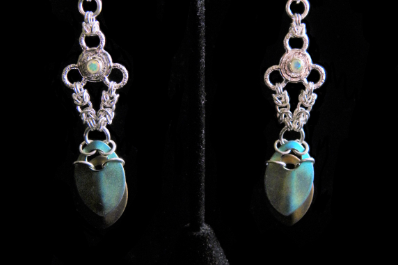 Sterling silver and Ethiopian Opal scalemaille and silversmithing earrings
