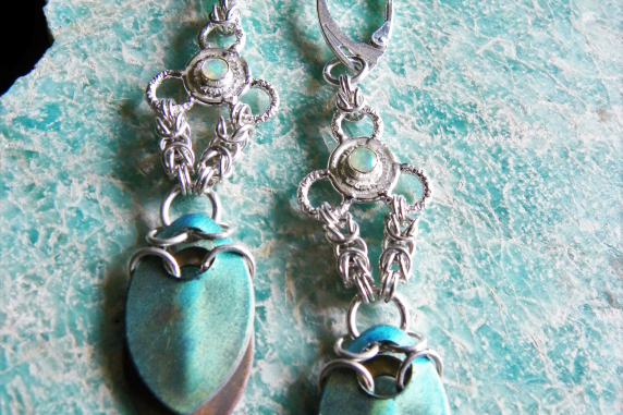 Sterling silver and Ethiopian Opal scalemaille and silversmithing earrings