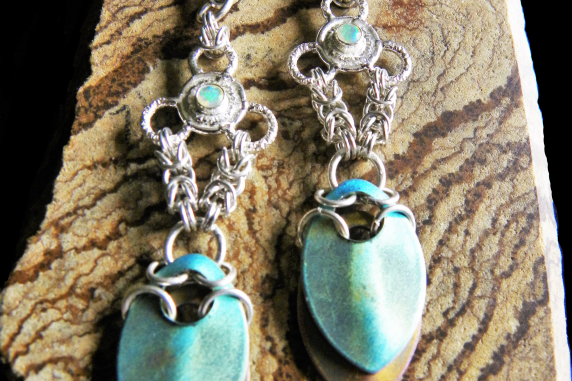 Sterling silver and Ethiopian Opal scalemaille and silversmithing earrings