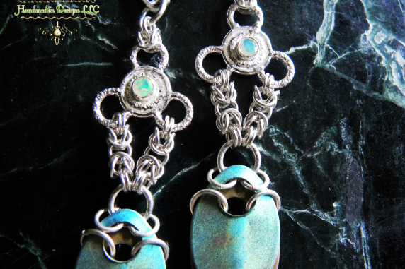 Sterling silver and Ethiopian Opal scalemaille and silversmithing earrings