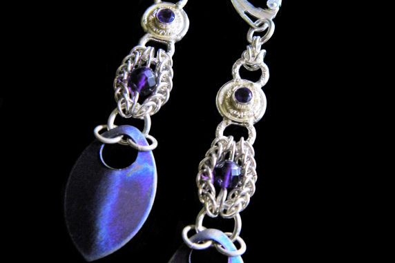 Sterling silver and Amethyst Persianov chainmaille scalemaille earrings