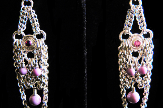 Sterling silver Rhodalite and Phosophiserite chainmaille silversmithing earrings