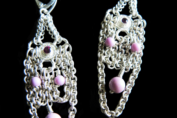 Sterling silver Rhodalite and Phosophiserite chainmaille silversmithing earrings
