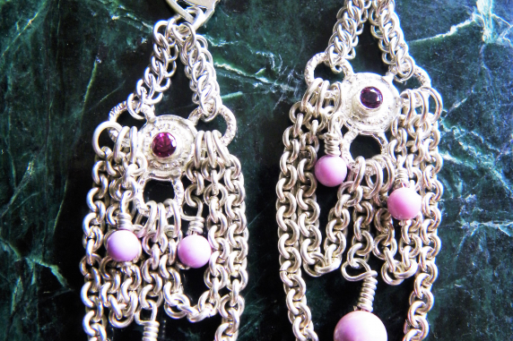 Sterling silver Rhodalite and Phosophiserite chainmaille silversmithing earrings