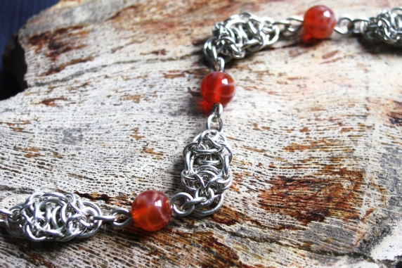 Sterling silver and Fire Agate Celtic Raindrops chainmaille bracelet