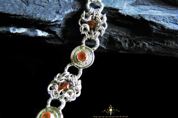 Sterling silver Romanov chainmaille bracelet with Carnelian and Hessonite Garnet