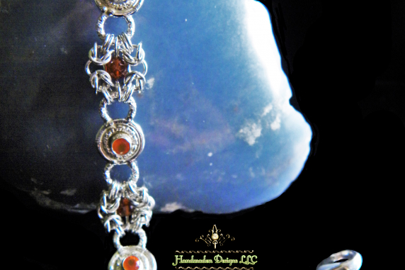 Sterling silver Romanov chainmaille bracelet with Carnelian and Hessonite Garnet