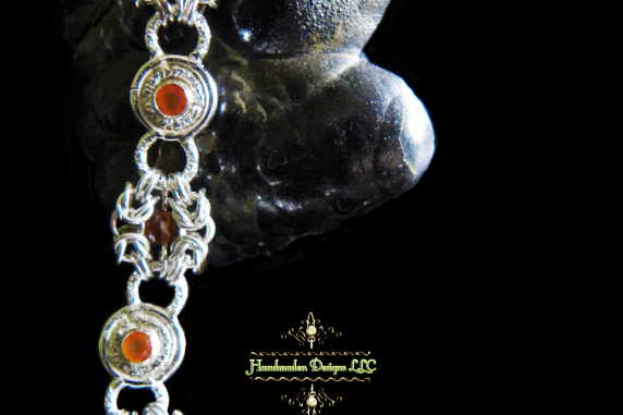 Sterling silver Romanov chainmaille bracelet with Carnelian and Hessonite Garnet