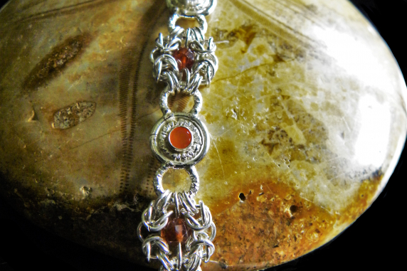 Sterling silver Romanov chainmaille bracelet with Carnelian and Hessonite Garnet