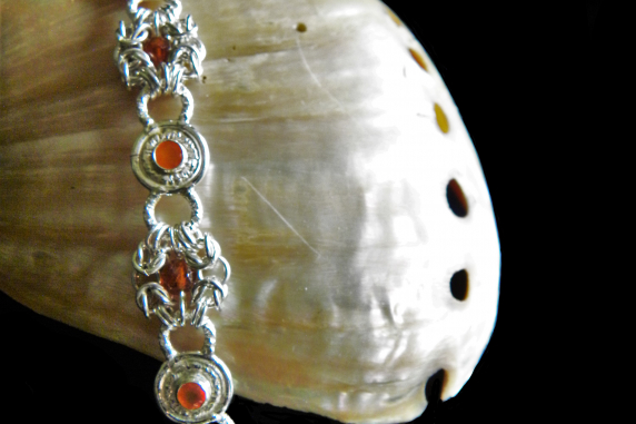 Sterling silver Romanov chainmaille bracelet with Carnelian and Hessonite Garnet