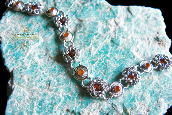 Sterling silver Romanov chainmaille bracelet with Carnelian and Hessonite Garnet