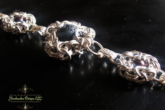 Sterling silver lava rock and pearl Romanov bracelet by Handmaden Designs LLC