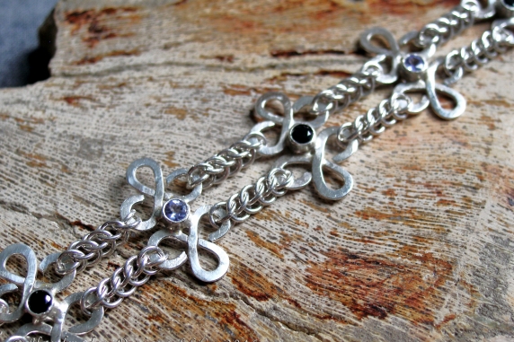 Celtic style sterling silver Tanzanite and Black Spinel bracelet