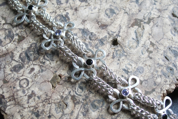 Celtic style sterling silver Tanzanite and Black Spinel bracelet