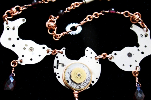 Copper, Garnet, and watch part Steampunk and Barrelweave chainmaille necklace